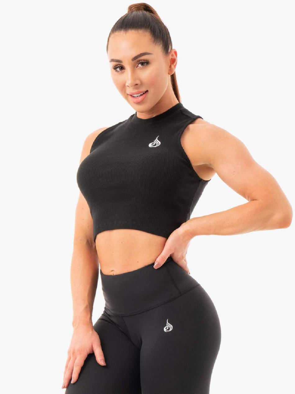 Black Women's Ryderwear Ribbed Crop Tanks | 73HF34924