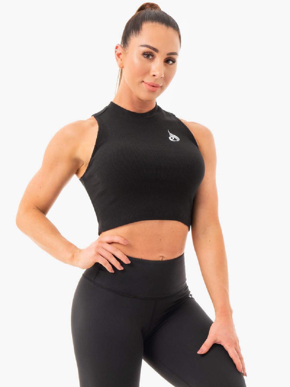 Black Women's Ryderwear Ribbed Crop Tanks | 73HF34924