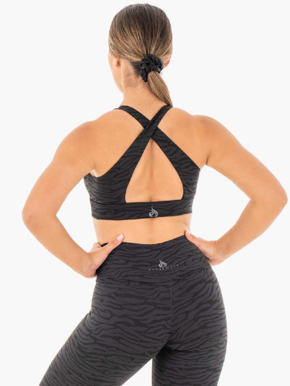 Black Women's Ryderwear Wild Cross Over Sports Bras | 59YF87636