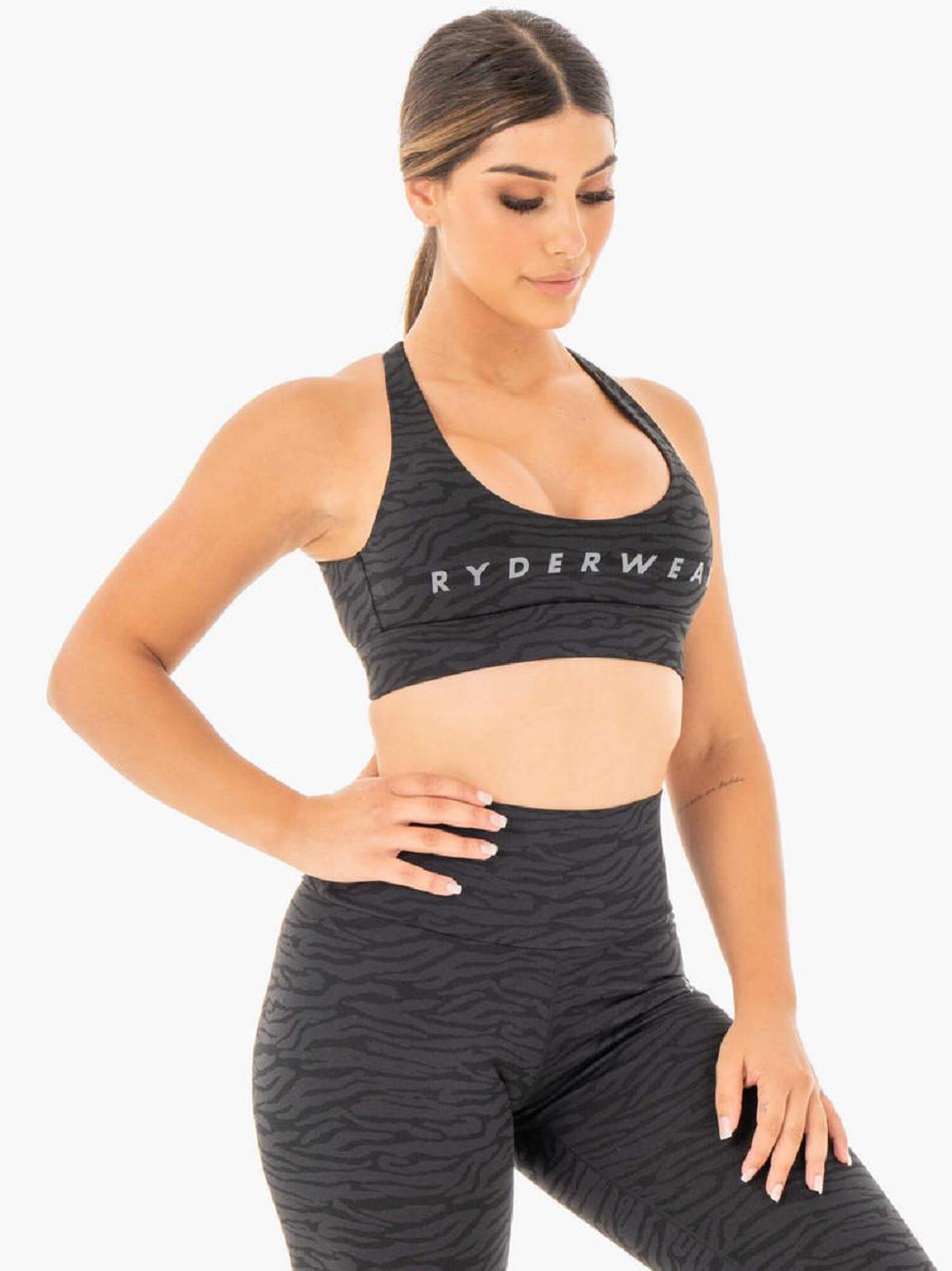 Black Women's Ryderwear Wild Cross Over Sports Bras | 59YF87636