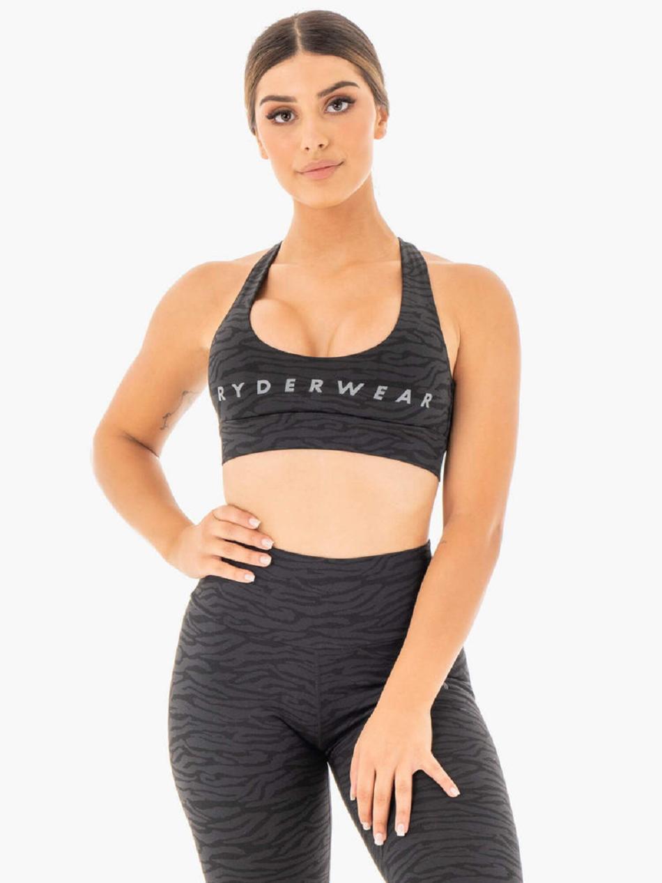 Black Women\'s Ryderwear Wild Cross Over Sports Bras | 59YF87636