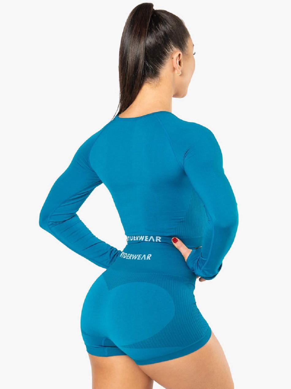 Blue Women's Ryderwear Electra Long Sleeve Crop Top Seamless | 85S96381