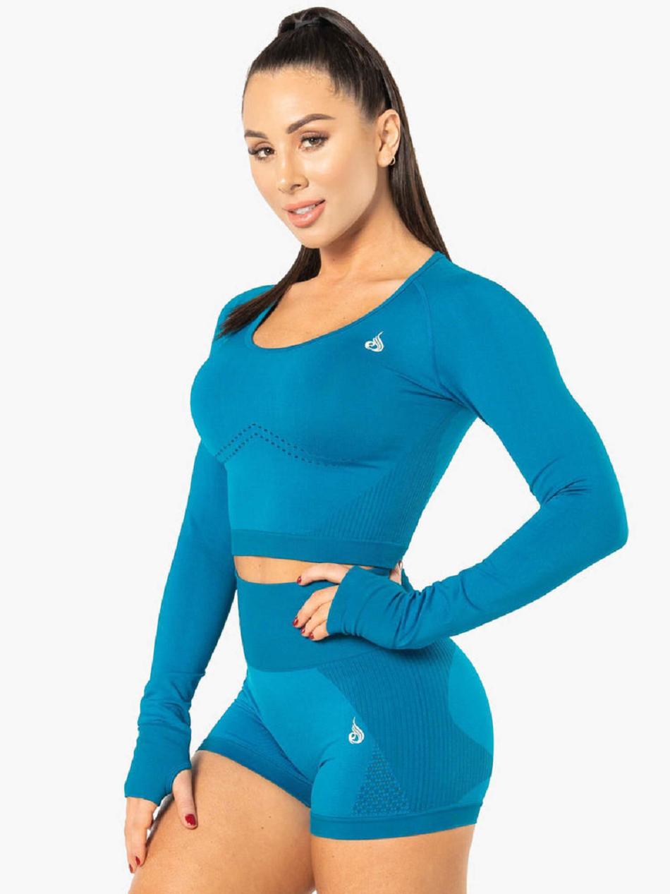 Blue Women's Ryderwear Electra Long Sleeve Crop Top Seamless | 85S96381