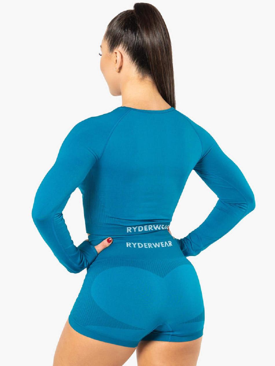 Blue Women's Ryderwear Electra Long Sleeve Crop Top Seamless | 85S96381