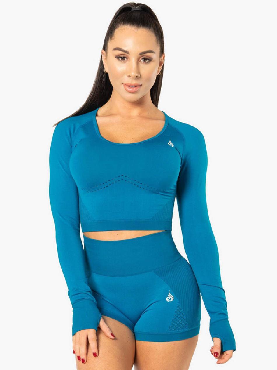 Blue Women\'s Ryderwear Electra Long Sleeve Crop Top Seamless | 85S96381