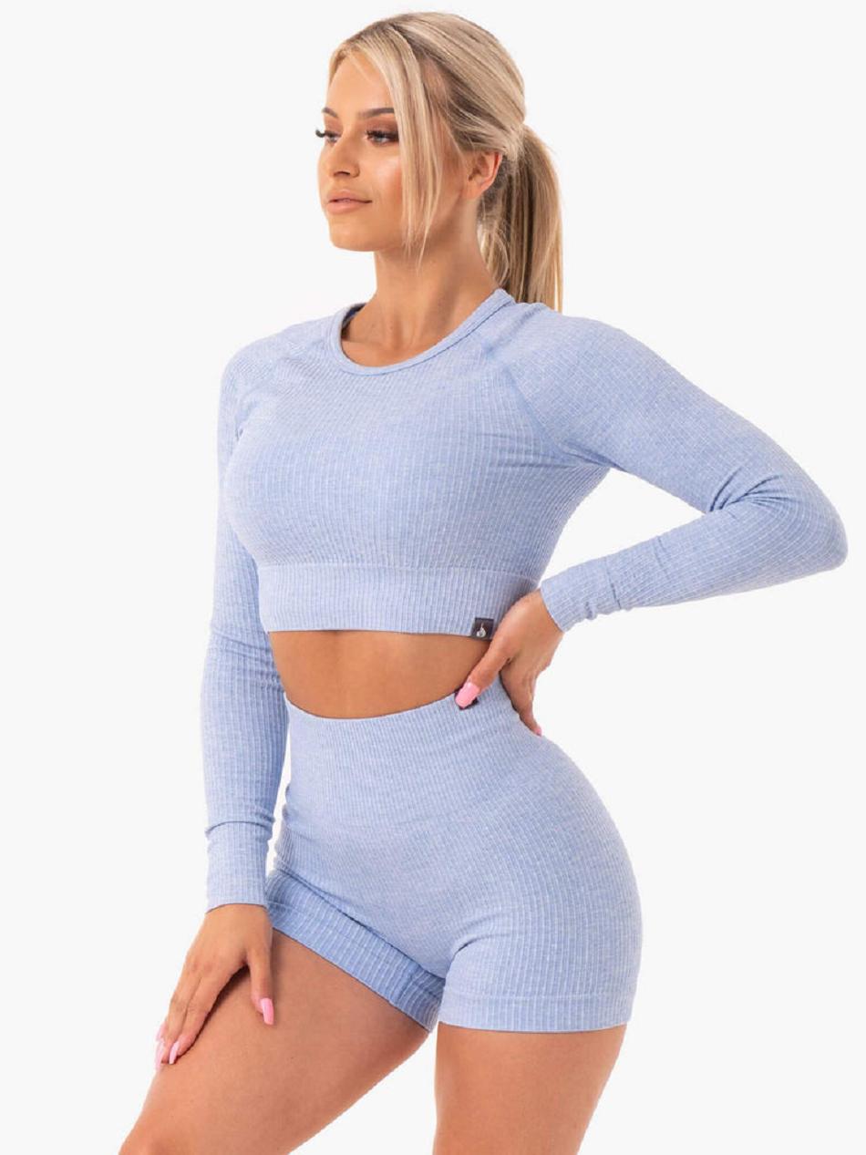 Blue Women's Ryderwear Rib Long Sleeve Top Seamless | 46FV80360