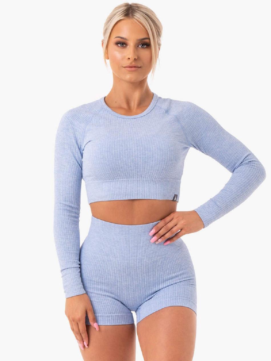 Blue Women's Ryderwear Rib Long Sleeve Top Seamless | 46FV80360