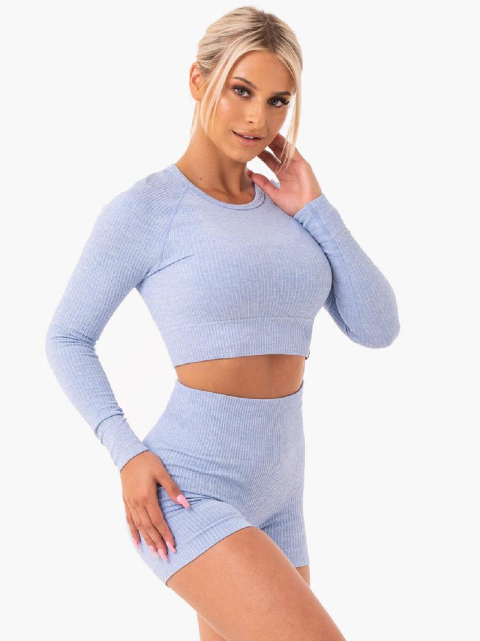 Blue Women\'s Ryderwear Rib Long Sleeve Top Seamless | 46FV80360