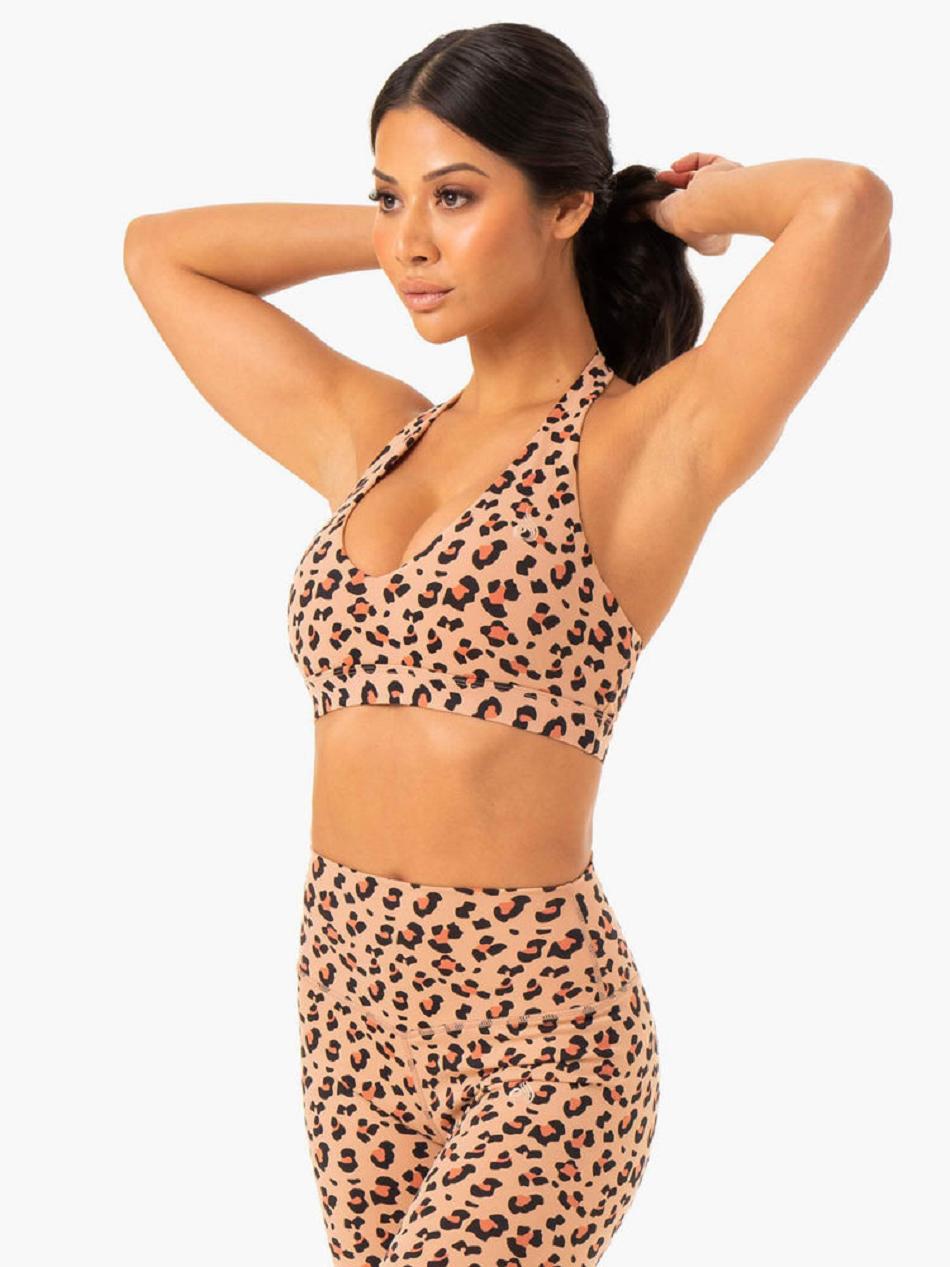 Brown / Leopard Women's Ryderwear Hybrid Halter Sports Bras | SF5475728