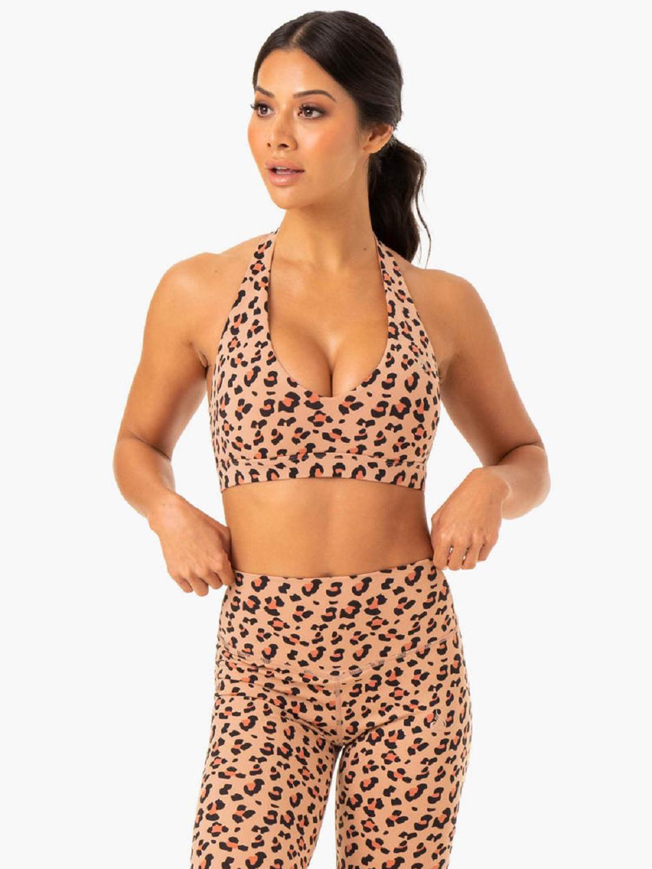 Brown / Leopard Women\'s Ryderwear Hybrid Halter Sports Bras | SF5475728