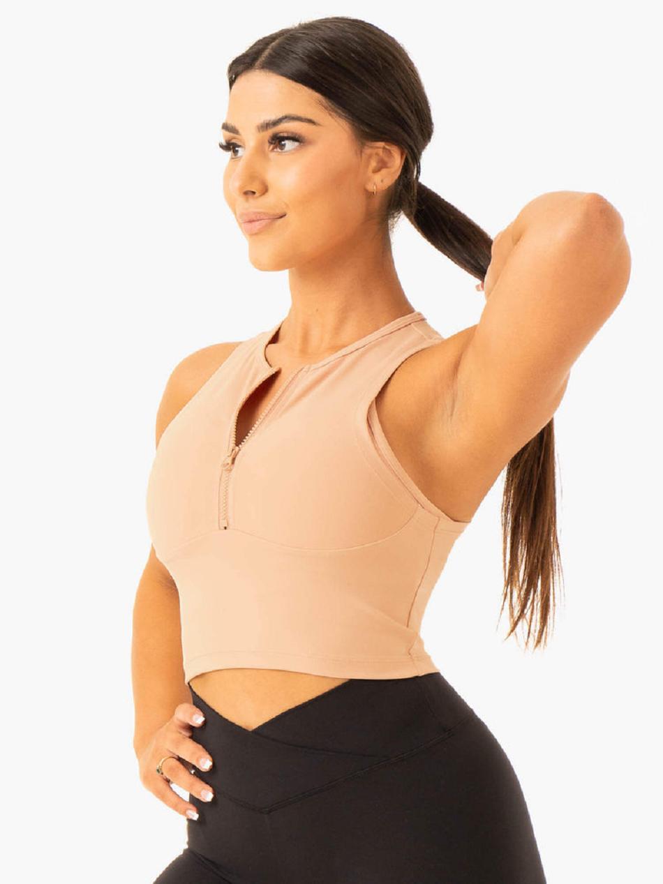 Brown Women's Ryderwear Embody Zip Up Crop Top | 64FV57795