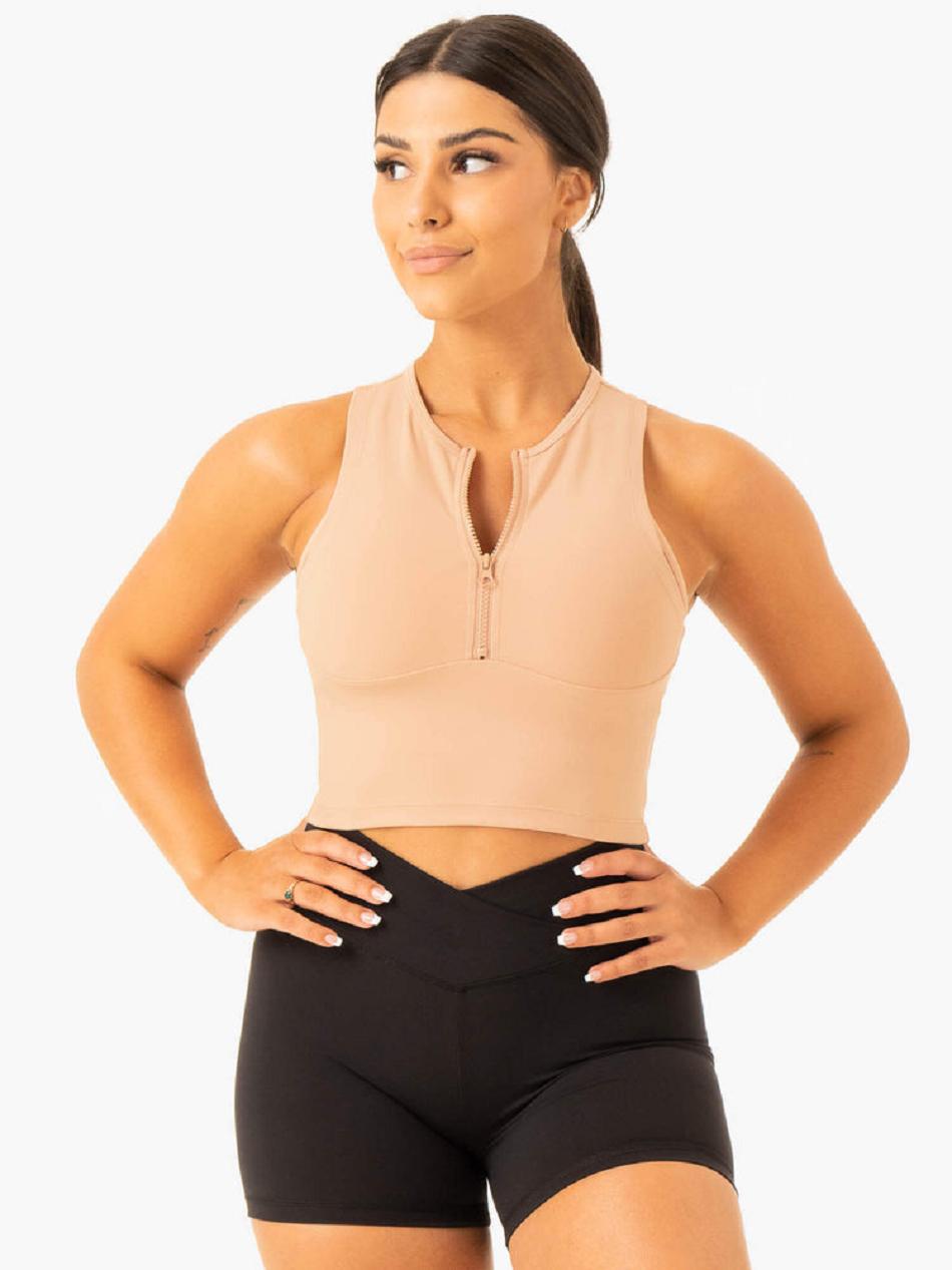 Brown Women\'s Ryderwear Embody Zip Up Crop Top | 64FV57795