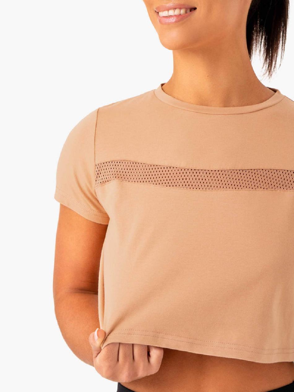 Brown Women's Ryderwear Hybrid Mesh T-shirt | G5B12563