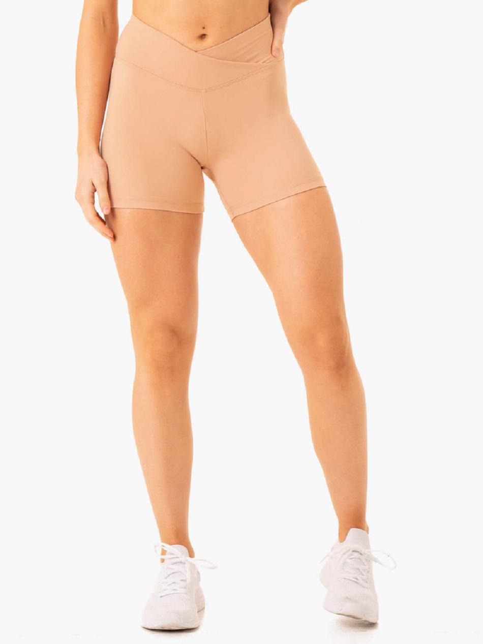 Brown Women's Ryderwear Serene Cross Over Scrunch Shorts | 6Y5276396