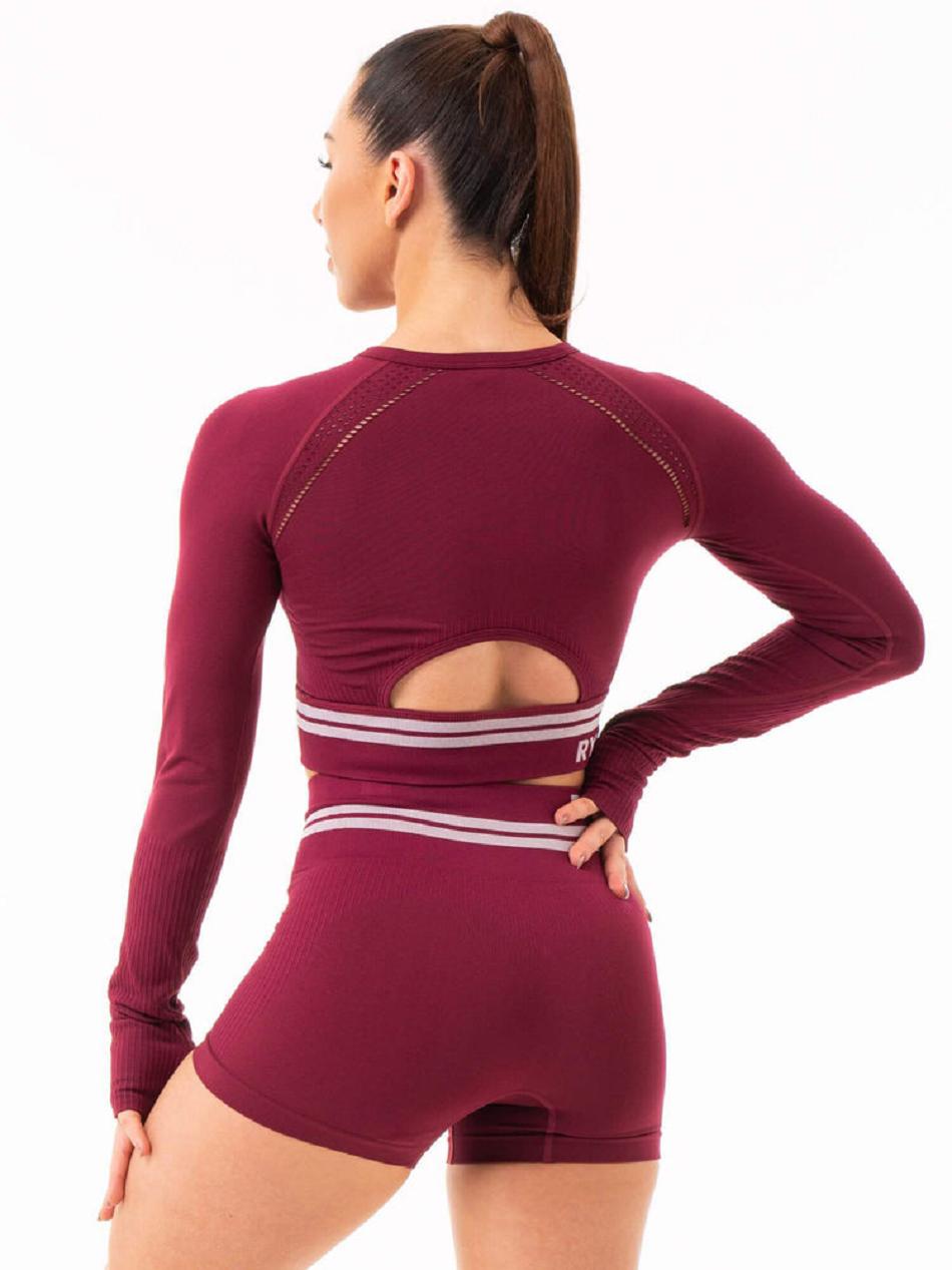 Burgundy Women's Ryderwear Freestyle Long Sleeve Crop Seamless | REH20093