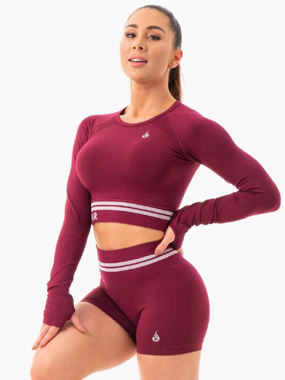 Burgundy Women's Ryderwear Freestyle Long Sleeve Crop Seamless | REH20093