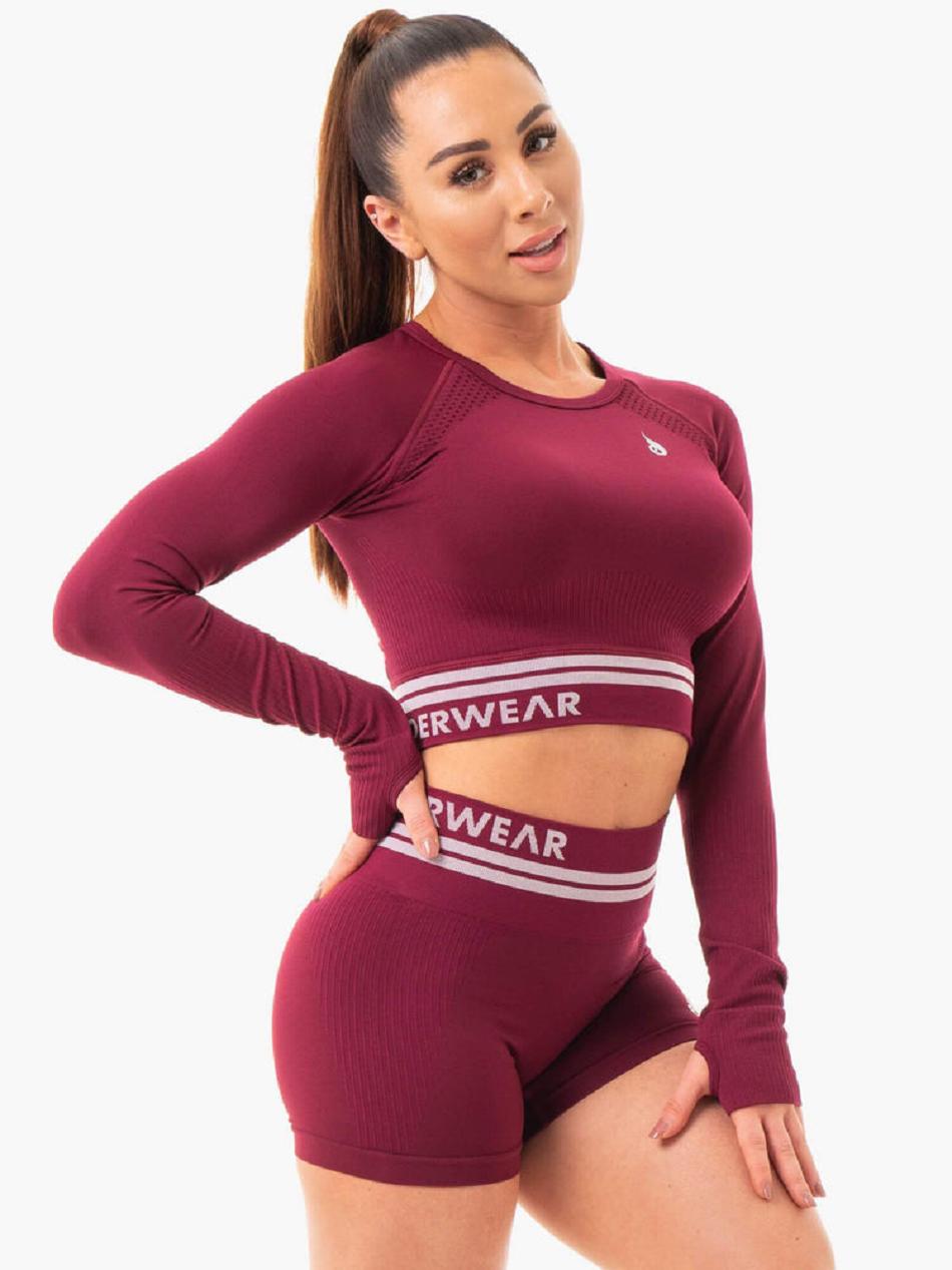 Burgundy Women's Ryderwear Freestyle Long Sleeve Crop Seamless | REH20093