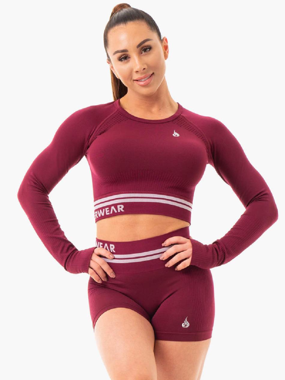 Burgundy Women\'s Ryderwear Freestyle Long Sleeve Crop Seamless | REH20093