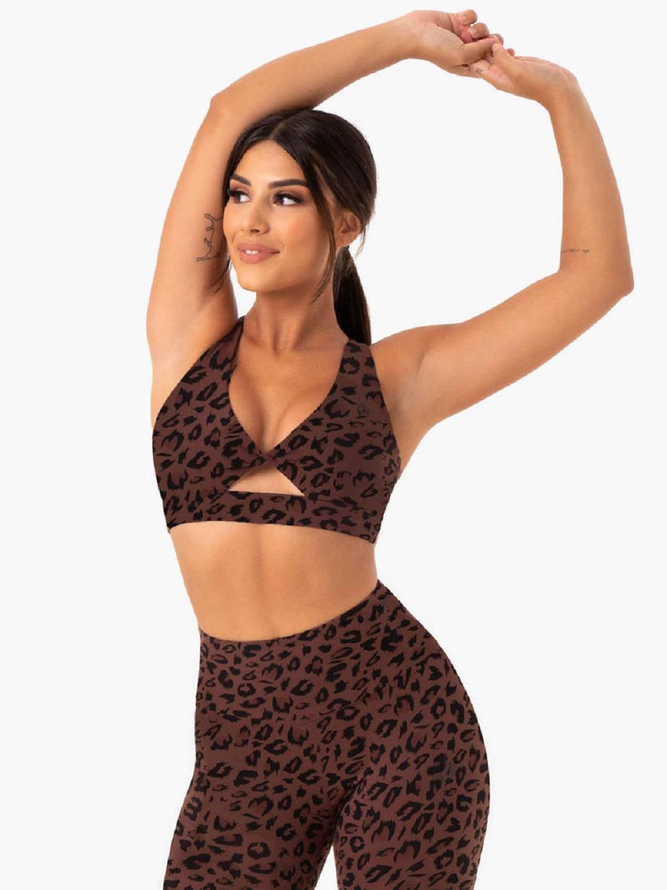 Chocolate / Leopard Women\'s Ryderwear Adapt Twist Sports Bras | 619Y99159