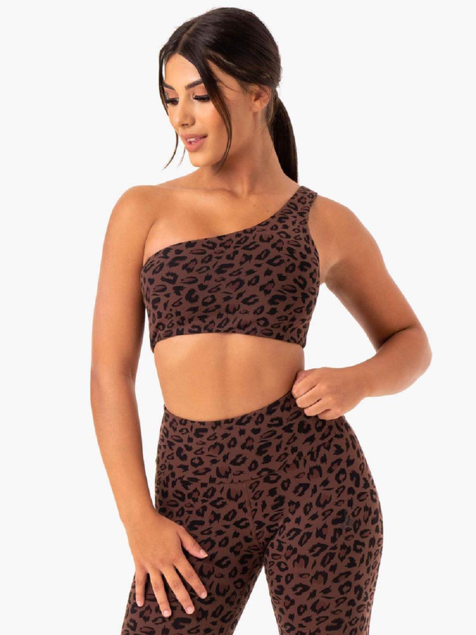 Chocolate / Leopard Women\'s Ryderwear Adapt One Shoulder Sports Bras | 61HF14513