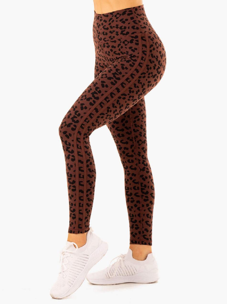 Chocolate / Leopard Women's Ryderwear Evolution High Waisted Scrunch Leggings | 113G84224