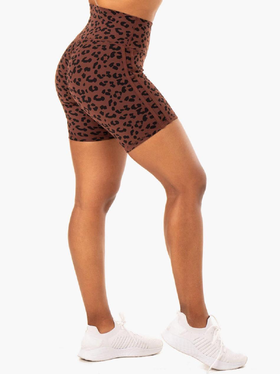 Chocolate / Leopard Women's Ryderwear Evolution High Waisted Scrunch Shorts | 51RT61329