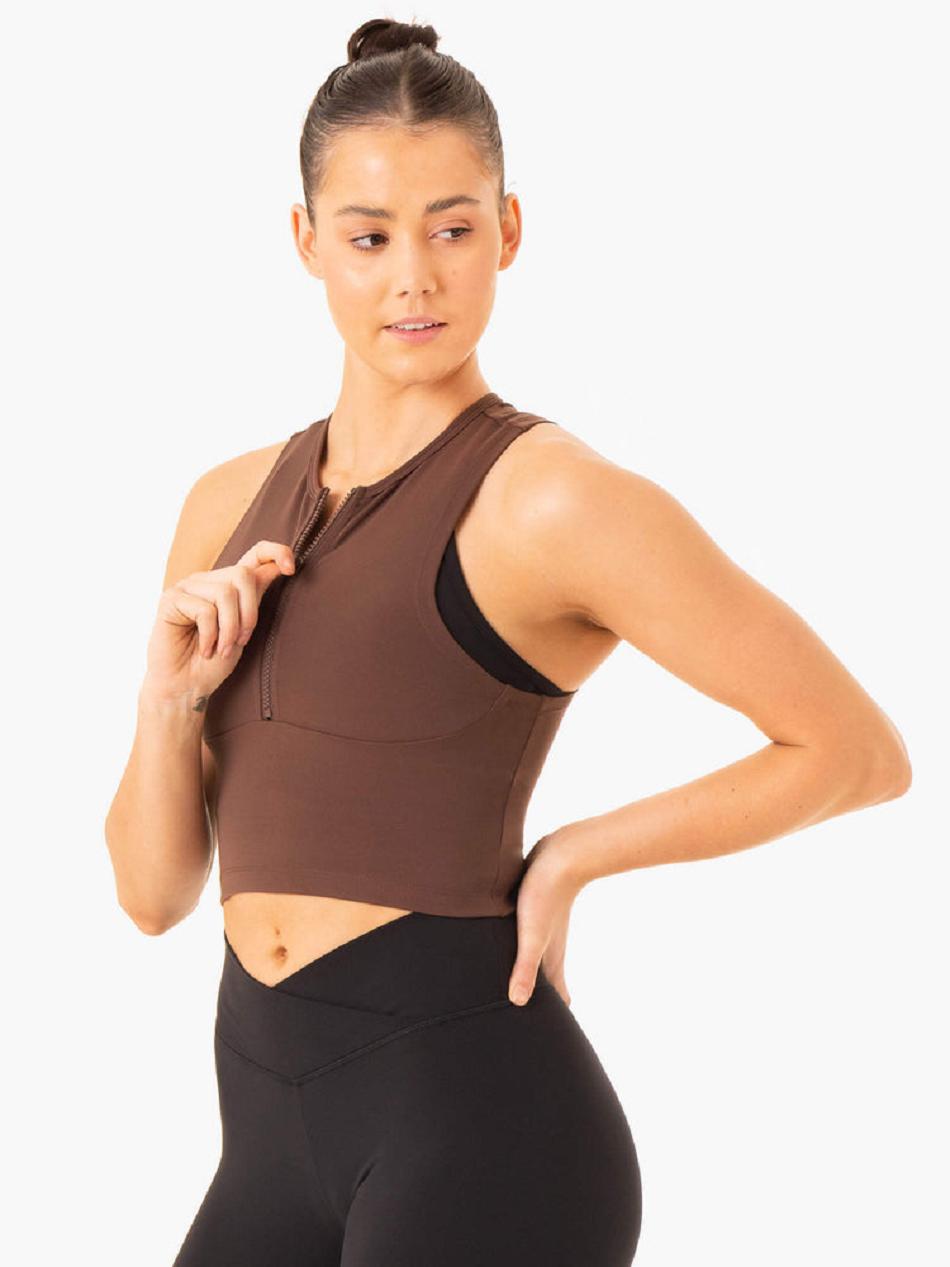 Chocolate Women's Ryderwear Embody Zip Up Crop Top | 68HF30504