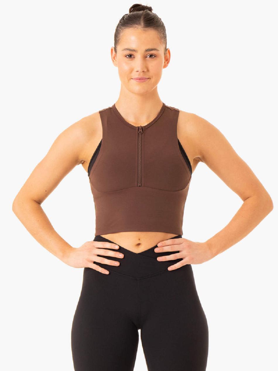 Chocolate Women\'s Ryderwear Embody Zip Up Crop Top | 68HF30504