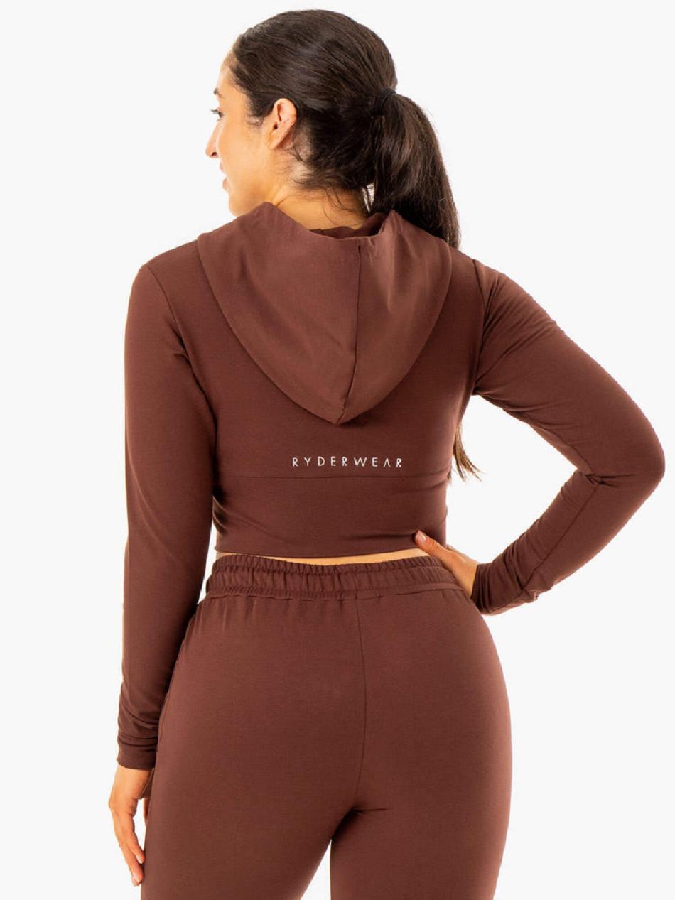 Chocolate Women's Ryderwear Luxe Cropped Zip Hoodie Top | 156F15864