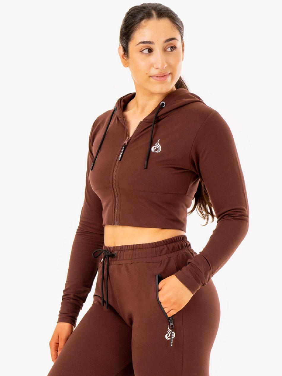 Chocolate Women's Ryderwear Luxe Cropped Zip Hoodie Top | 156F15864