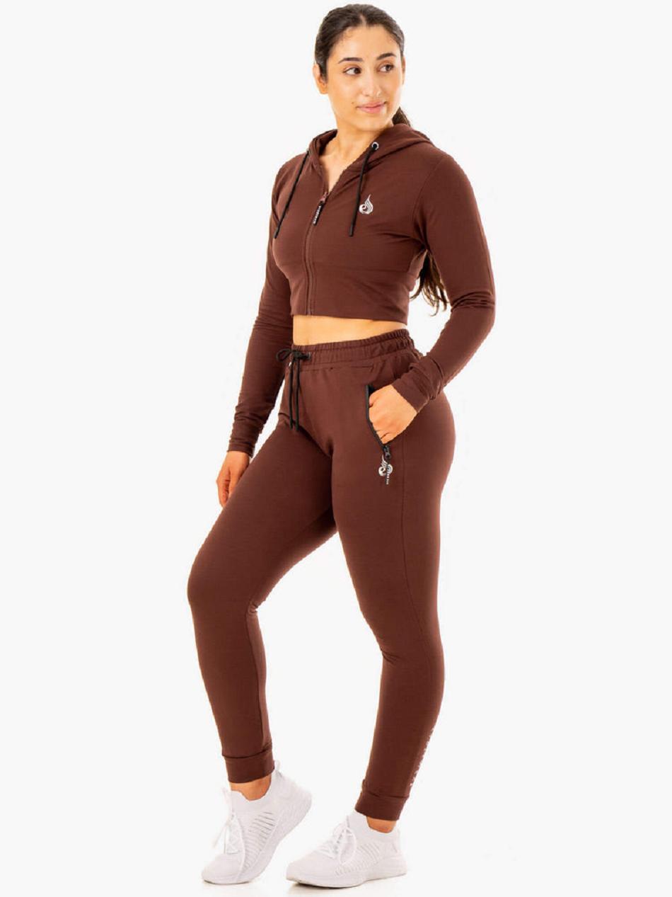 Chocolate Women's Ryderwear Luxe Cropped Zip Hoodie Top | 156F15864