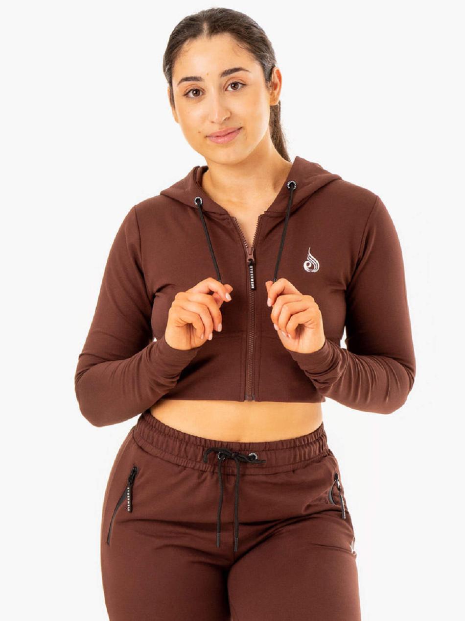 Chocolate Women\'s Ryderwear Luxe Cropped Zip Hoodie Top | 156F15864