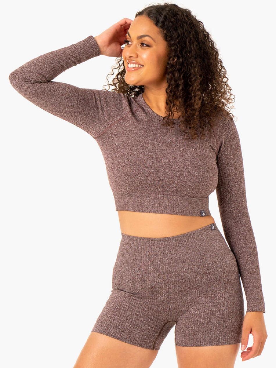 Chocolate Women's Ryderwear Rib Long Sleeve Top Seamless | 98Y91717