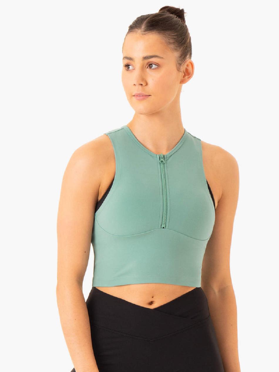 Green Women's Ryderwear Embody Zip Up Crop Top | A2X82977