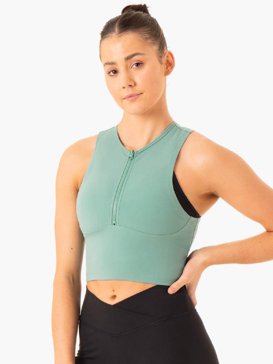 Green Women's Ryderwear Embody Zip Up Crop Top | A2X82977