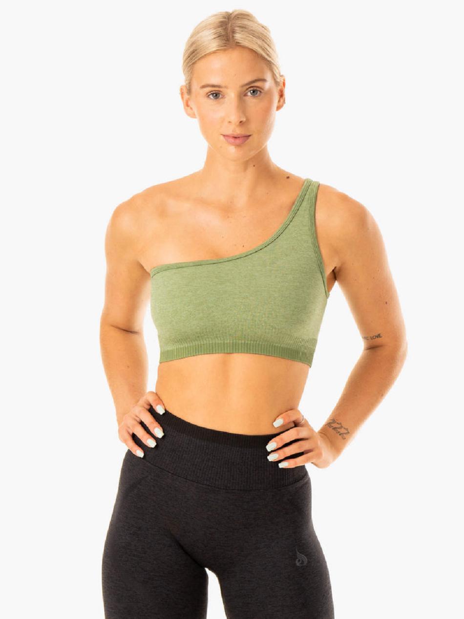 Green Women's Ryderwear Excel One Shoulder Sports Bra Seamless | REH34368