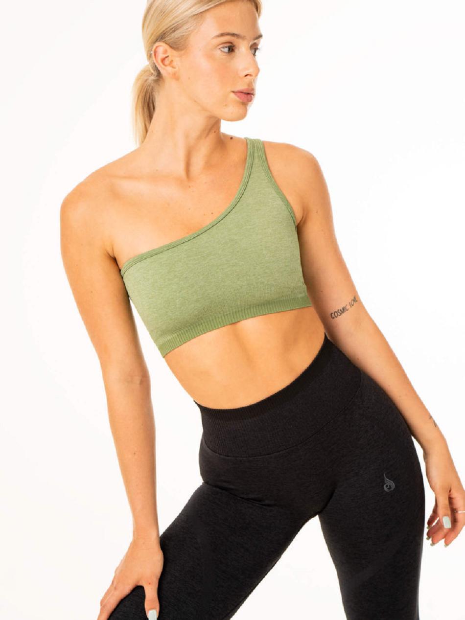 Green Women's Ryderwear Excel One Shoulder Sports Bra Seamless | REH34368