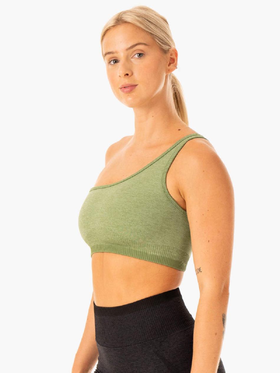 Green Women's Ryderwear Excel One Shoulder Sports Bra Seamless | REH34368