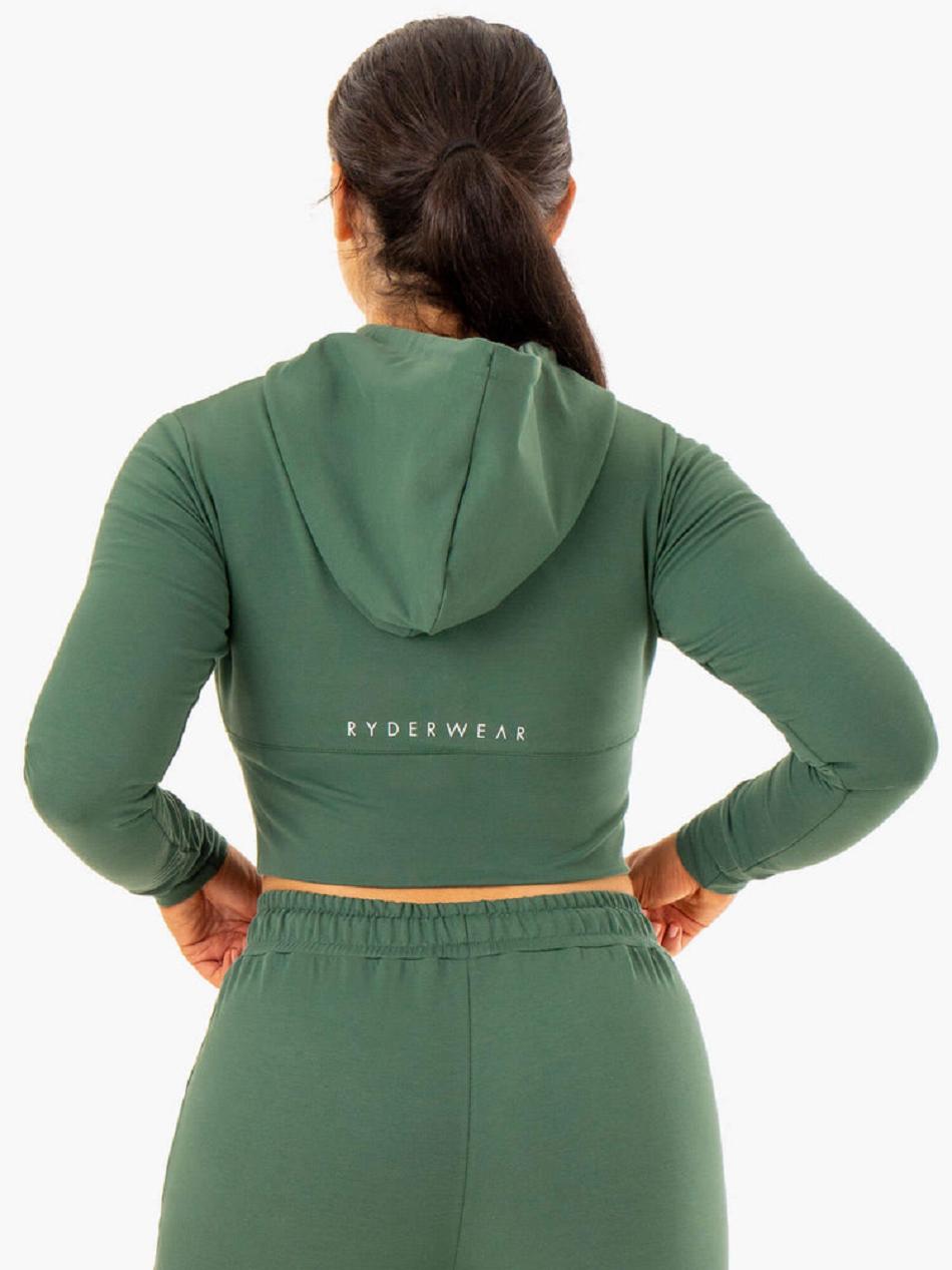 Green Women's Ryderwear Luxe Cropped Zip Hoodie Top | 65Y6588181