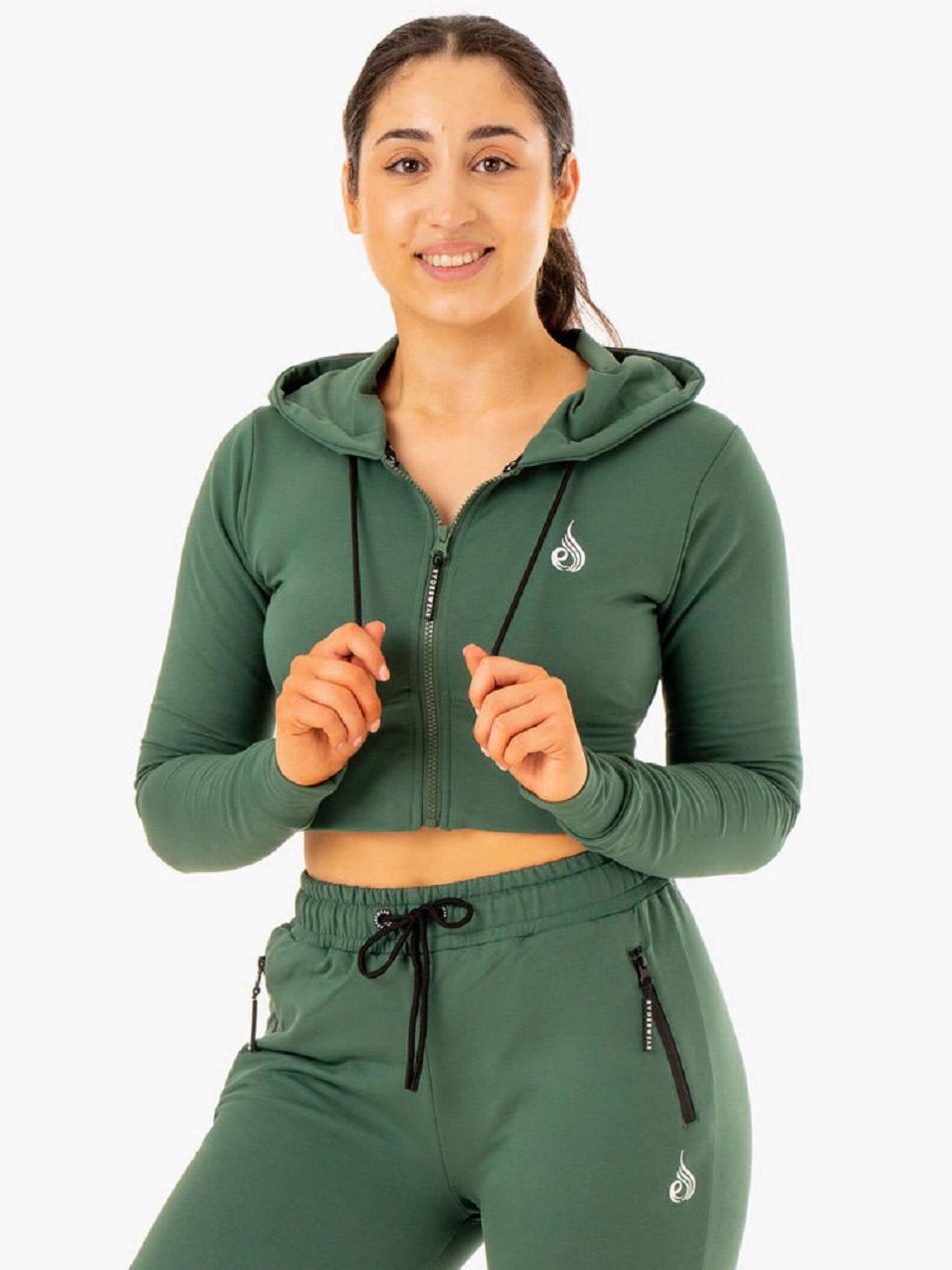 Green Women's Ryderwear Luxe Cropped Zip Hoodie Top | 65Y6588181