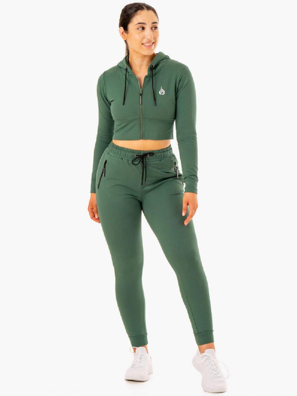 Green Women's Ryderwear Luxe Cropped Zip Hoodie Top | 65Y6588181