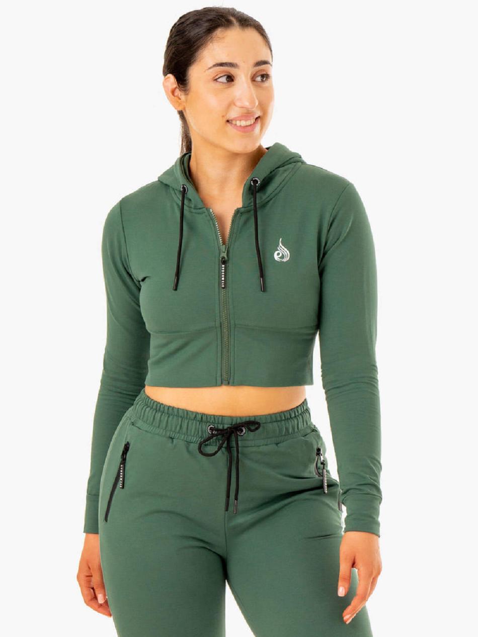 Green Women\'s Ryderwear Luxe Cropped Zip Hoodie Top | 65Y6588181