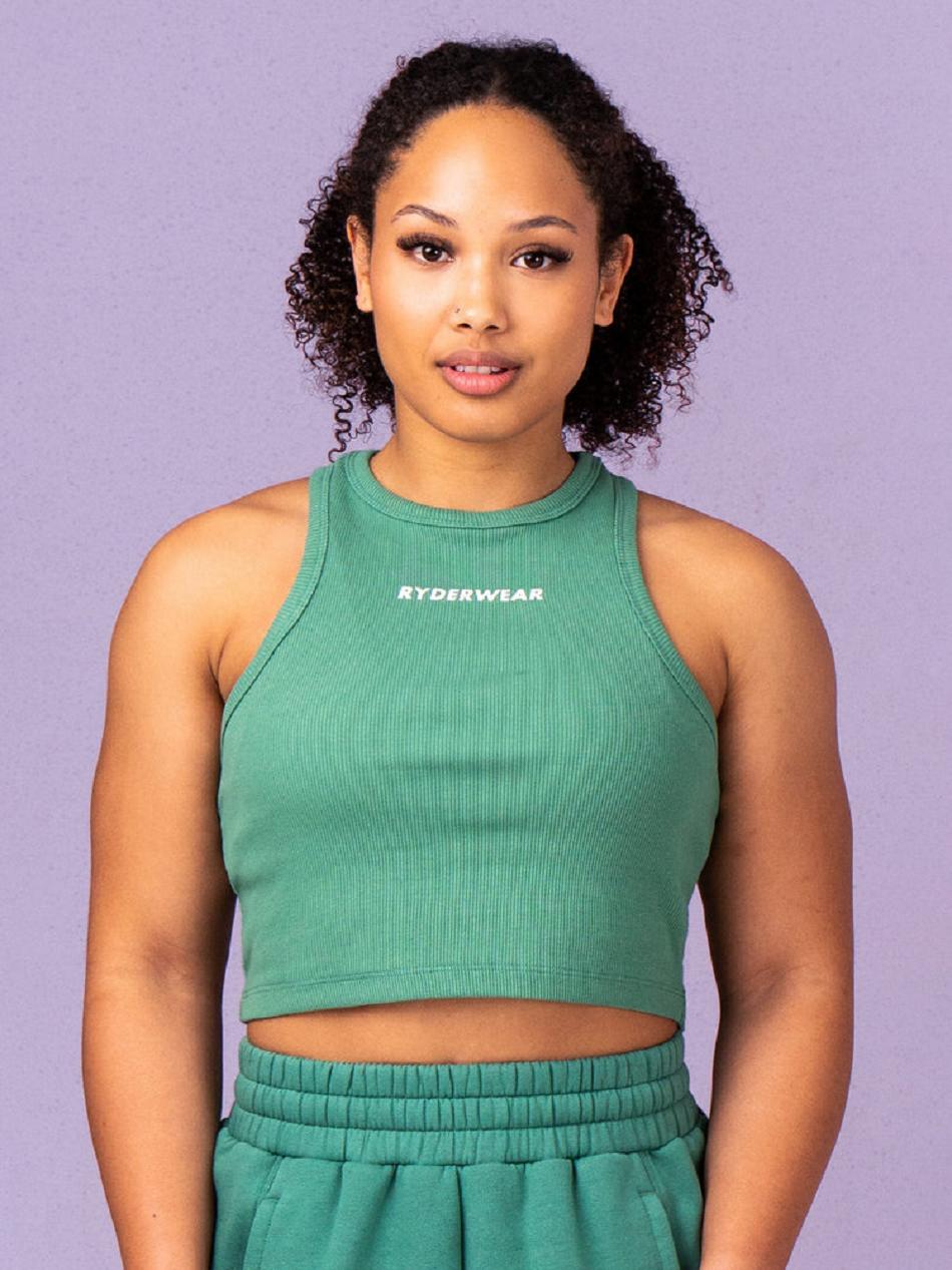 Green Women\'s Ryderwear Sideline Rib Crop Tanks | 116T63558