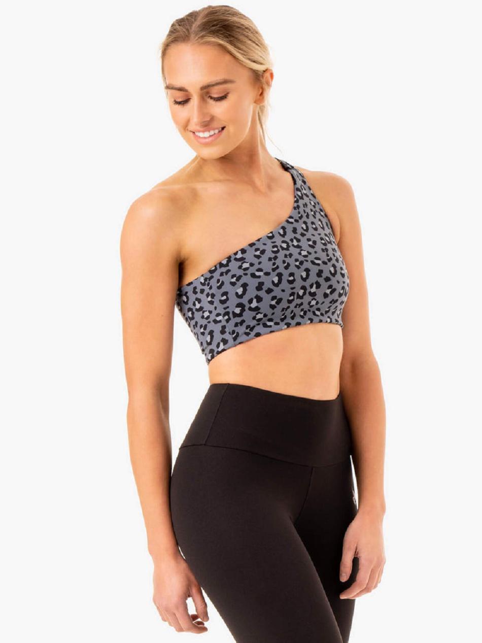 Grey / Blue / Leopard Women's Ryderwear Adapt One Shoulder Sports Bras | MNG84888