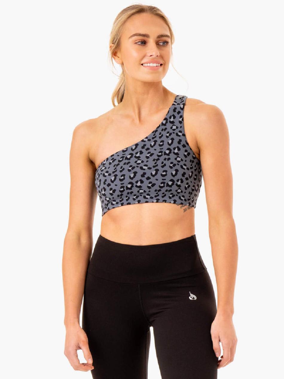 Grey / Blue / Leopard Women\'s Ryderwear Adapt One Shoulder Sports Bras | MNG84888