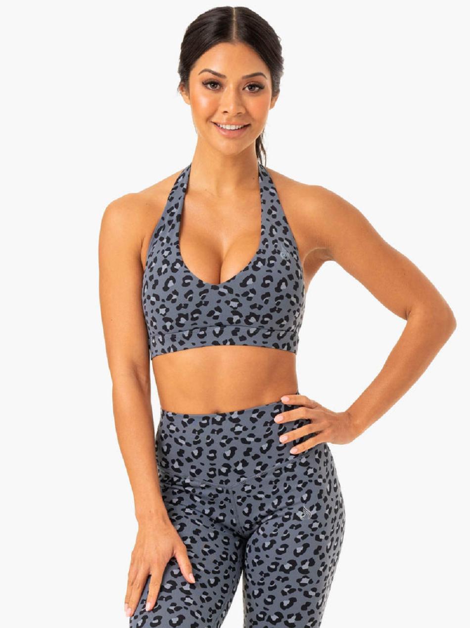 Grey / Blue / Leopard Women\'s Ryderwear Hybrid Halter Sports Bras | XG5853847