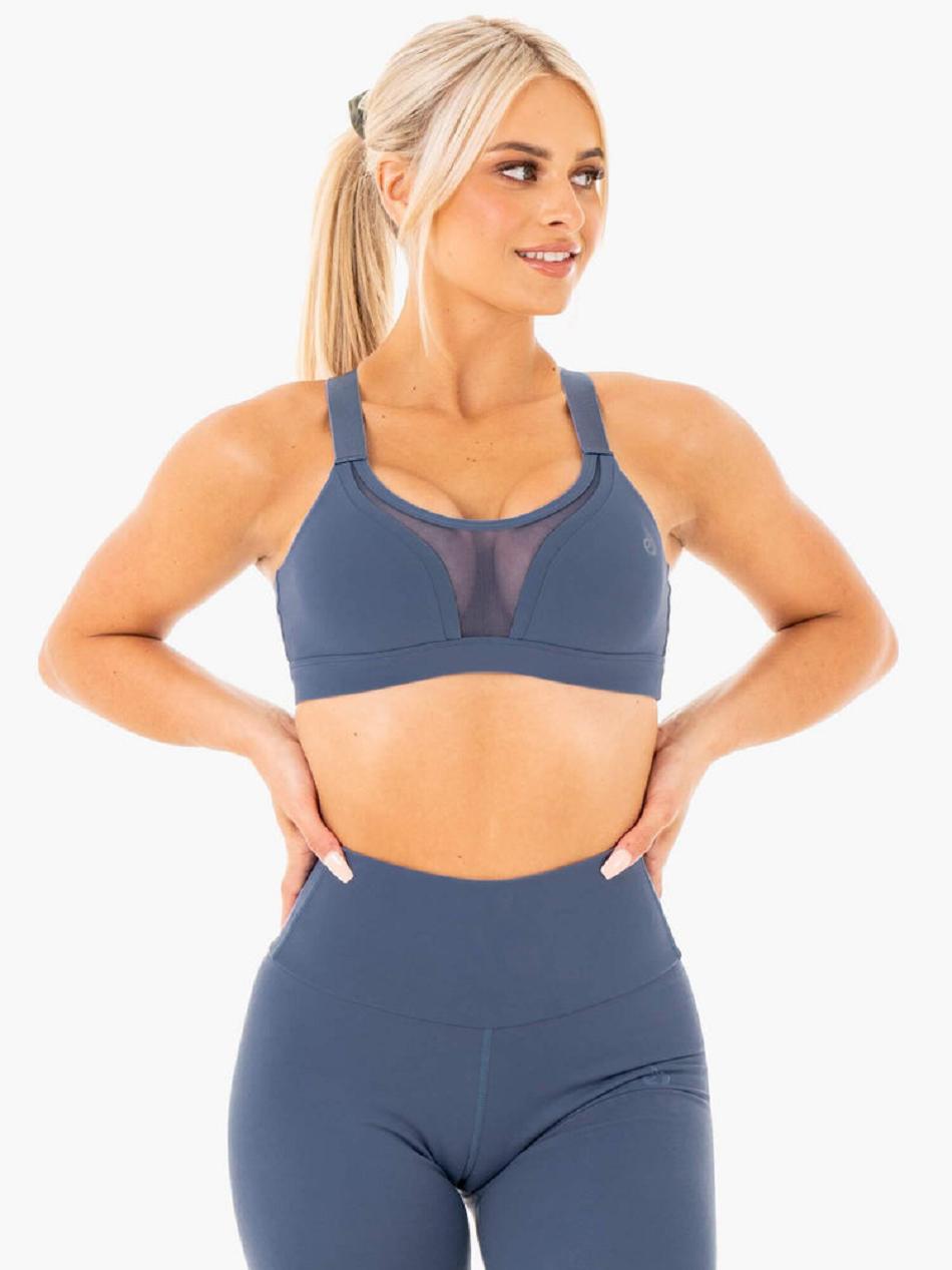 Grey / Blue Women's Ryderwear Collide Mesh Contour Sports Bras | HR5349836