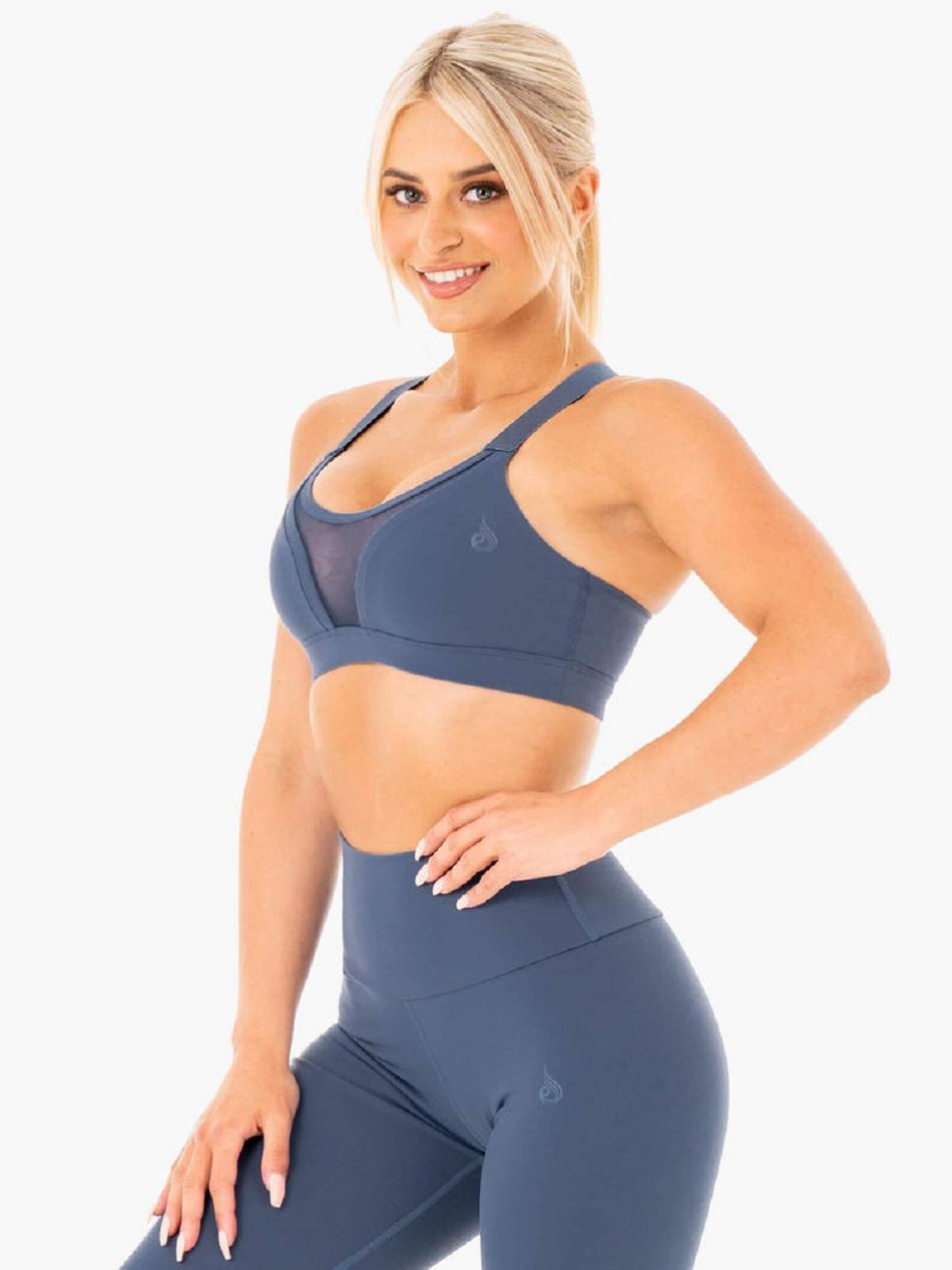 Grey / Blue Women\'s Ryderwear Collide Mesh Contour Sports Bras | HR5349836