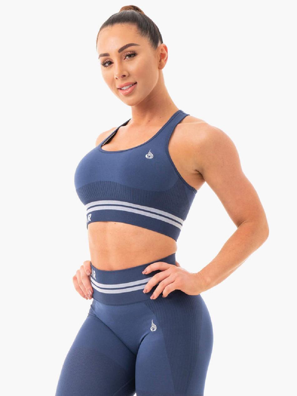 Grey / Blue Women's Ryderwear Freestyle Seamless Longline Sports Bras | 107T18053