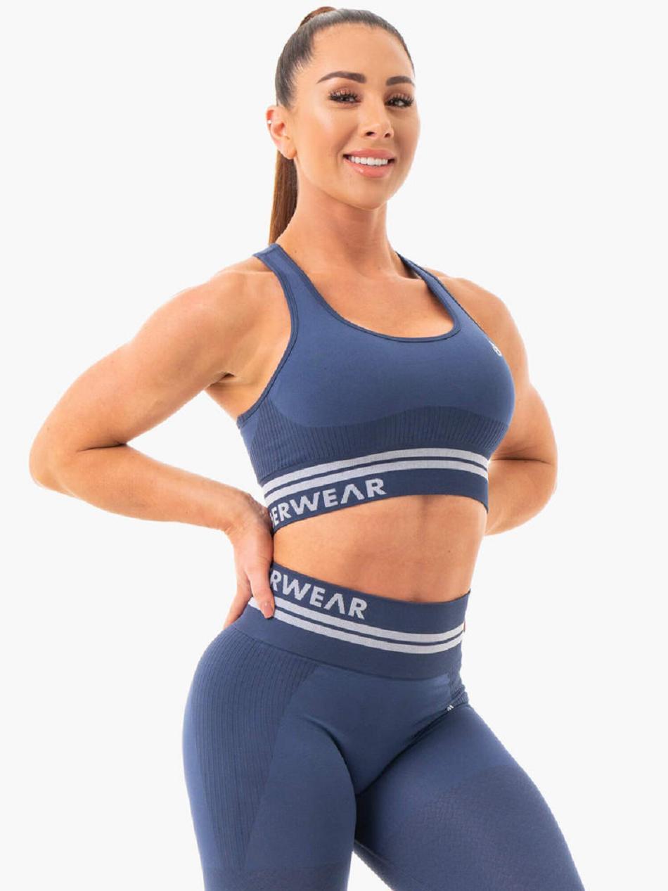 Grey / Blue Women's Ryderwear Freestyle Seamless Longline Sports Bras | 107T18053